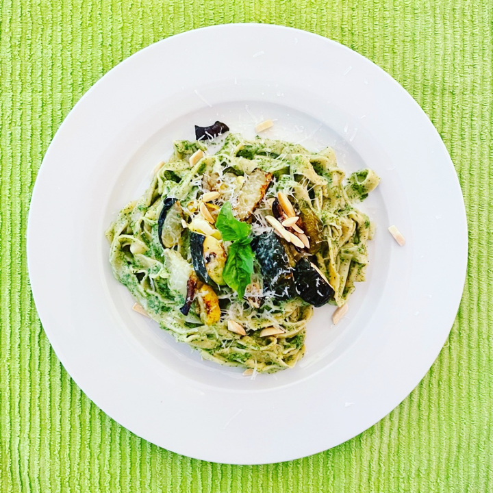 Home-made pasta, roast summer squash, basil pesto...